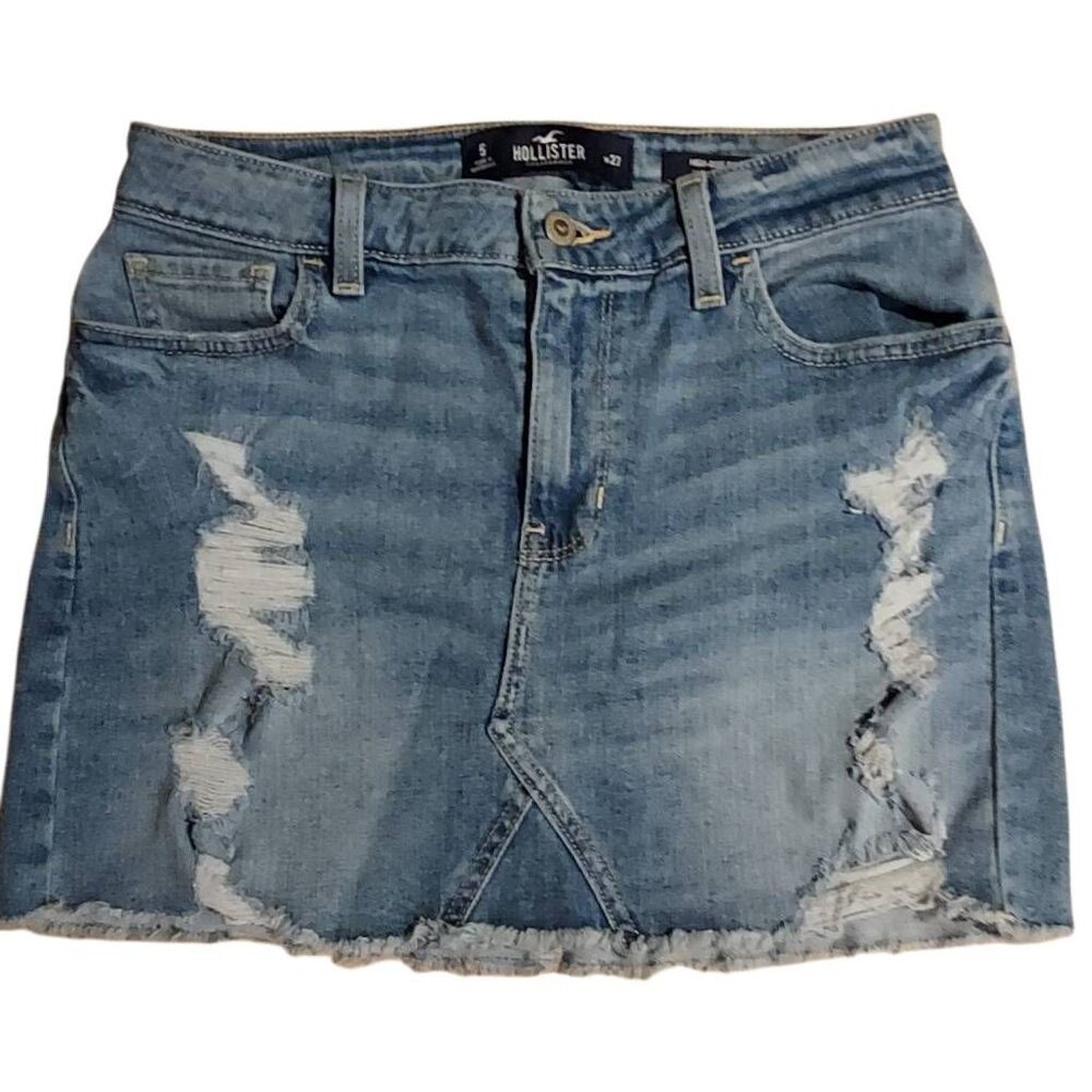 Hollister Vintage High-Rise Distressed Denim Mini Skirt Sz 5 / W27 Raw Hem